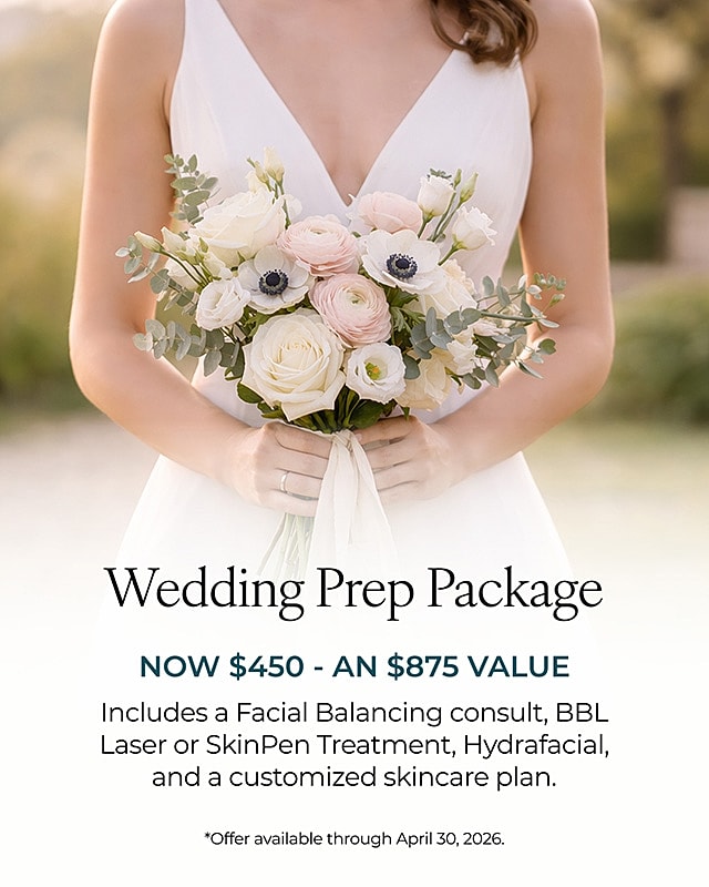 Bride holding wedding bouquet with promotional package details.