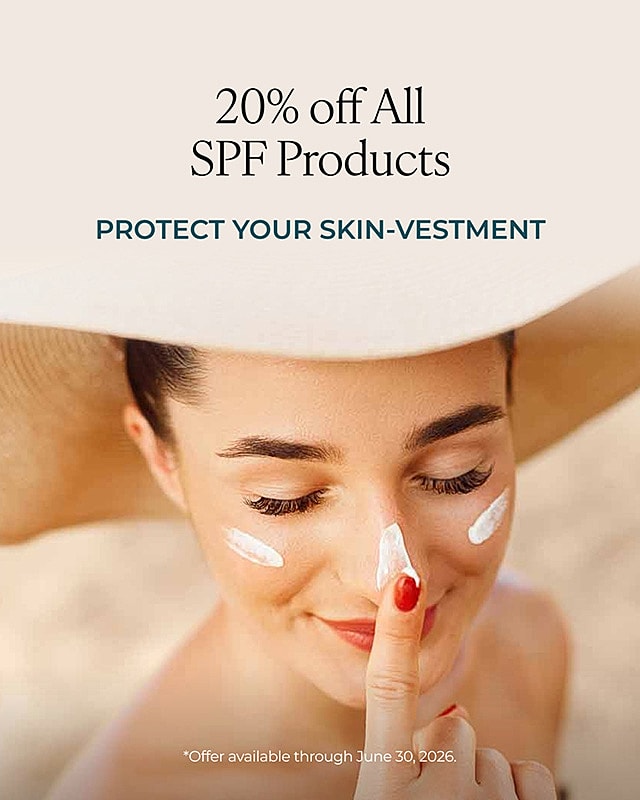 Woman applying sunscreen with promotional text overlay.